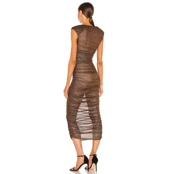 Bronx & Banco Maya Ruched Bateau Neckline Long Dress XS Brown Glitter Sheer NWT - Picture 4 of 8